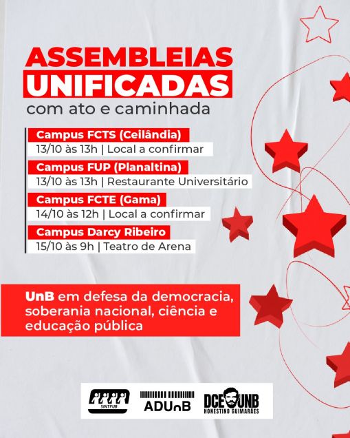 ADUnB, SINTFUB, DCE e SINDUnDF realizam assembleias unificadas nos campi da UnB de 13 a 15 de outubro