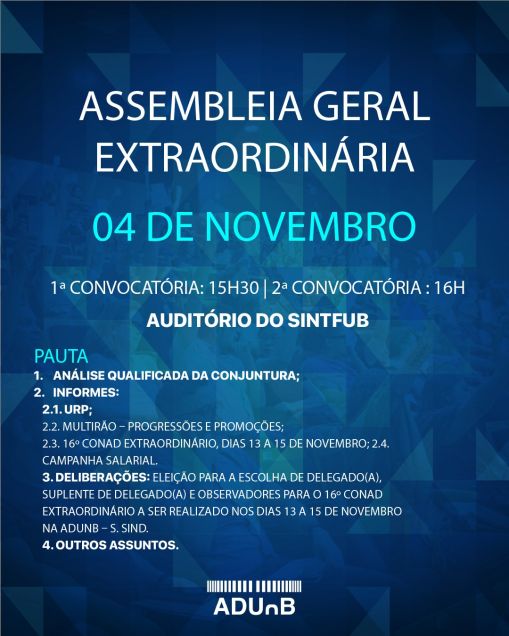 Convocatória de docentes sindicalizadas(os) e não sindicalizadas(os) para a Assembleia Geral Extraordinária, no dia  04/11/2026