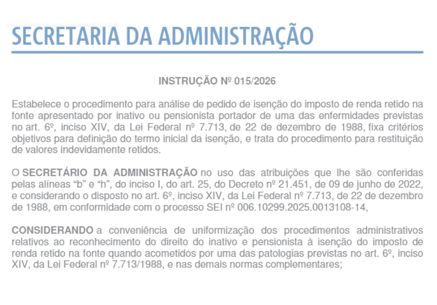 Saeb normativa procedimento para análise de pedido de isenção do imposto de renda para aposentado ou pensionista
