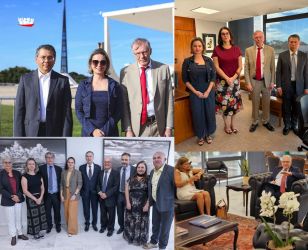 Em sentido horário, Marcos Trombeta Isabella Leal e Maurício Rezzani em frente ao STF; em reunião com a diretora-geral da Suprema Corte; Luciana Carneiro em reunião com Fachin e dirigentes do Sintrajud em reunião com o ministro Barroso, em 2025.